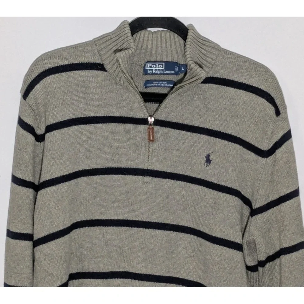 VTG Polo Ralph Lauren 1/4 Zip Sweater Men Large Gray Striped Mock Neck Pullover